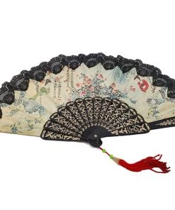 Violet's Coffre Vintage Black Lace Asian Print Fan - 1 Of 1