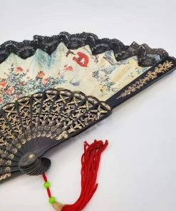 Violet's Coffre Vintage Black Lace Asian Print Fan - 1 Of 1