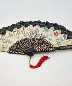 Violet's Coffre Vintage Black Lace Asian Print Fan - 1 Of 1