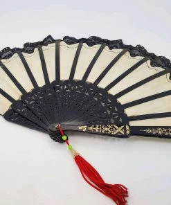 Violet's Coffre Vintage Black Lace Asian Print Fan - 1 Of 1