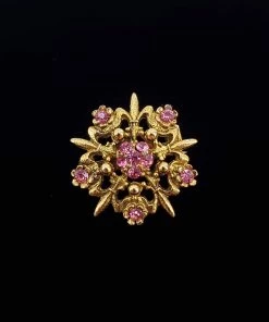 Violet's Coffre Small Vintage Gold Tone Rose Brooch With Pink Studs - 1 Of 1