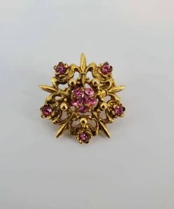 Violet's Coffre Small Vintage Gold Tone Rose Brooch With Pink Studs - 1 Of 1