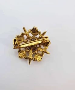 Violet's Coffre Small Vintage Gold Tone Rose Brooch With Pink Studs - 1 Of 1