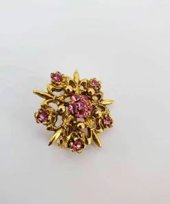Violet's Coffre Small Vintage Gold Tone Rose Brooch With Pink Studs - 1 Of 1