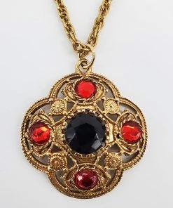 Violet's Coffre Vintage Gothic Gold Tone Black And Red Jeweled Pendant Necklace - 1 Of 1