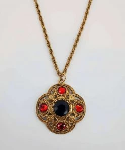 Violet's Coffre Vintage Gothic Gold Tone Black And Red Jeweled Pendant Necklace - 1 Of 1