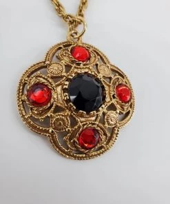 Violet's Coffre Vintage Gothic Gold Tone Black And Red Jeweled Pendant Necklace - 1 Of 1