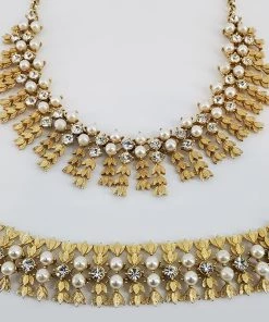 Violet's Coffre Vintage Sarah Coventry Matching Golden Leaf Pearl And Stud Necklace And Bracelet - 1 Of 1