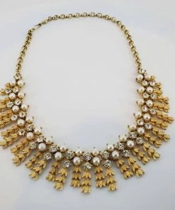 Violet's Coffre Vintage Sarah Coventry Matching Golden Leaf Pearl And Stud Necklace And Bracelet - 1 Of 1