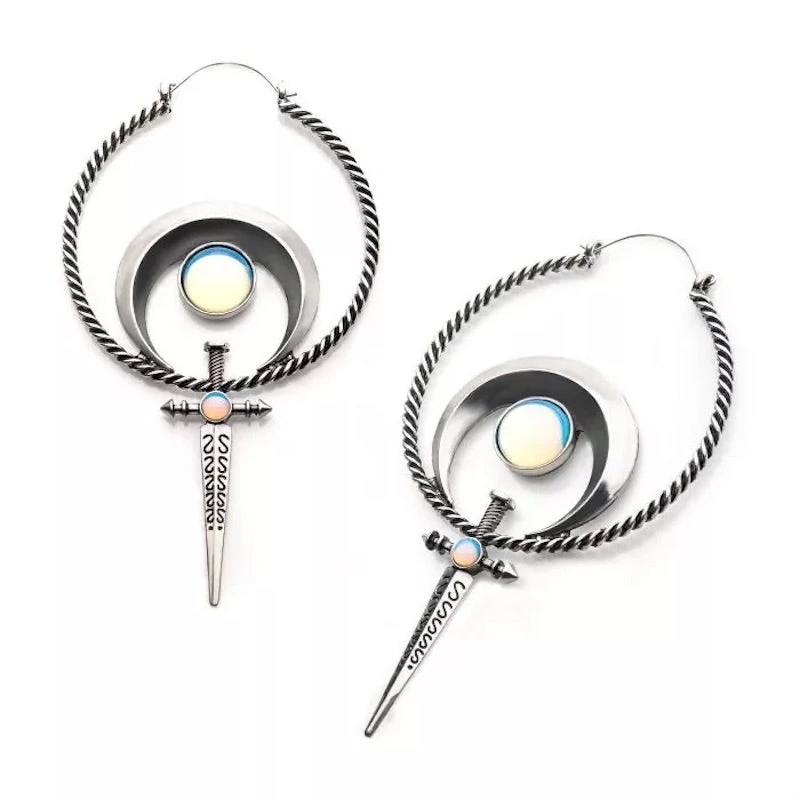 Body Vibe Jewelry Opalite Moon And Sword Plug-Friendly Hoops 3 Body Vibe Jewelry Opalite Moon And Sword Plug-Friendly Hoops