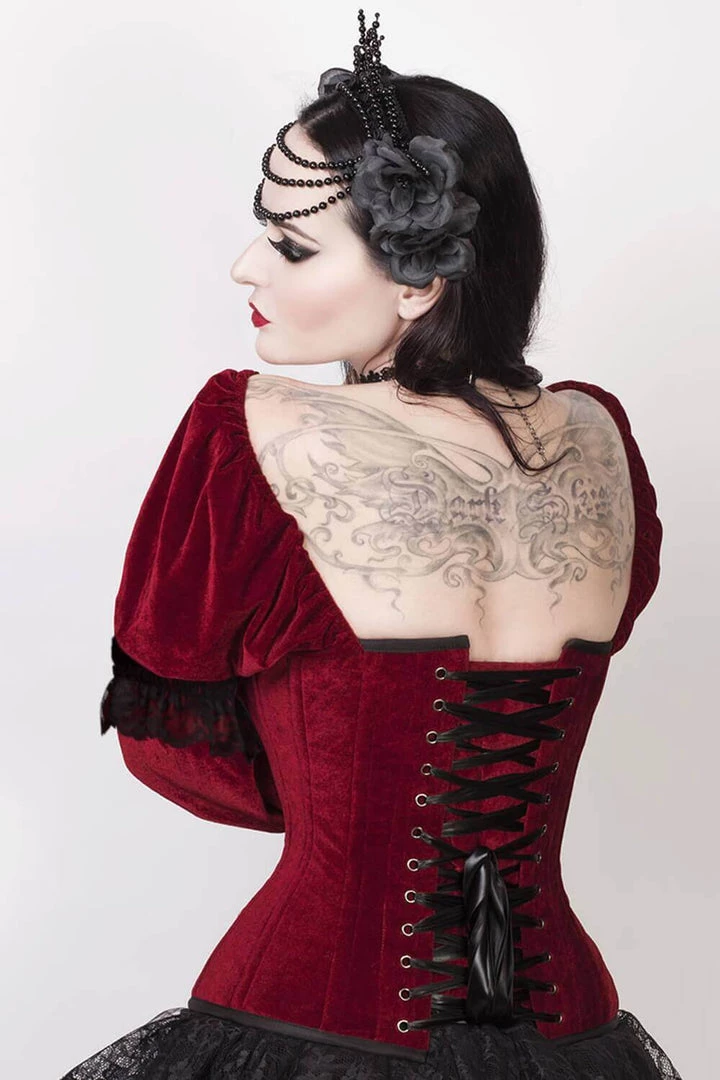 Corset Deal Velvet Victorian Puff Sleeve Overbust Corset Top - Red 5 Corset Deal Velvet Victorian Puff Sleeve Overbust Corset Top - Red