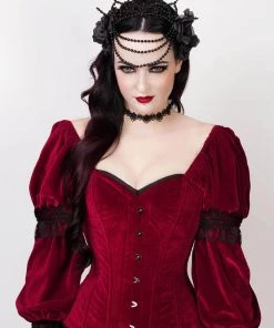 Corset Deal Velvet Victorian Puff Sleeve Overbust Corset Top - Red