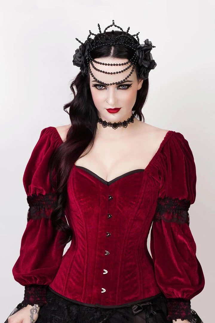 Corset Deal Velvet Victorian Puff Sleeve Overbust Corset Top - Red 3 Corset Deal Velvet Victorian Puff Sleeve Overbust Corset Top - Red
