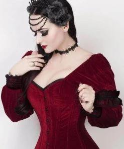 Corset Deal Velvet Victorian Puff Sleeve Overbust Corset Top - Red