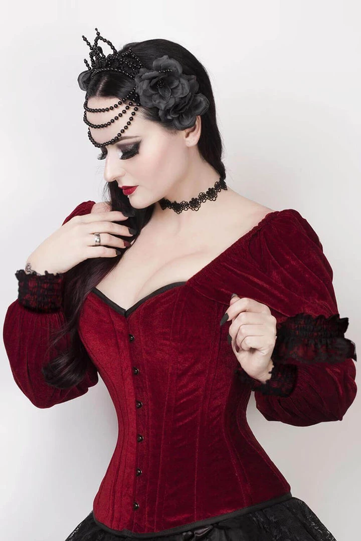 Corset Deal Velvet Victorian Puff Sleeve Overbust Corset Top - Red 4 Corset Deal Velvet Victorian Puff Sleeve Overbust Corset Top - Red