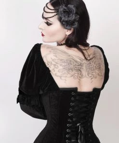 Corset Deal Velvet Victorian Puff Sleeve Overbust Corset Top - Black