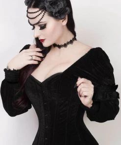 Corset Deal Velvet Victorian Puff Sleeve Overbust Corset Top - Black