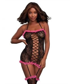 DREAMGIRL INTERNATIONAL Lingerie Lace Ruffle Garter Dress - Black/Fuchsia