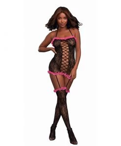 DREAMGIRL INTERNATIONAL Lingerie Lace Ruffle Garter Dress - Black/Fuchsia