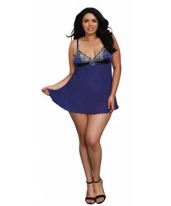 DREAMGIRL INTERNATIONAL Midnight Floral Embroidered Babydoll & G-String Set Lingerie