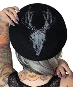 Kreepsville 666 Goth Deer Skull Beret - Black
