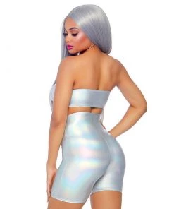 LEG AVENUE Holographic Spandex Bandeau & Shorts Set