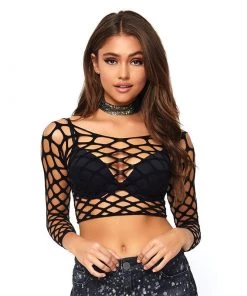 LEG AVENUE Pothole Net Long Sleeve Crop Top