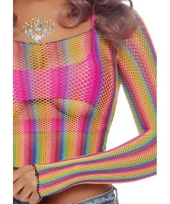 LEG AVENUE Clothing Rainbow Pride Fishnet Crop Top