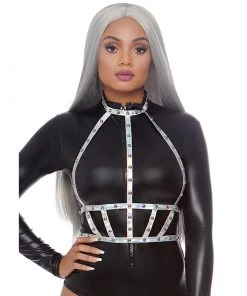 LEG AVENUE Gay Pride Studded Holographic Vinyl Body Harness