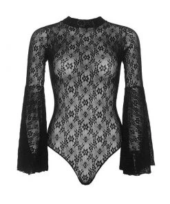 LEG AVENUE Bodystockings Lace Bell Sleeve Bodysuit - Black