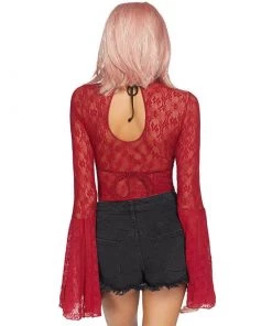 LEG AVENUE Lace Bell Sleeve Bodysuit - Red Bodystockings