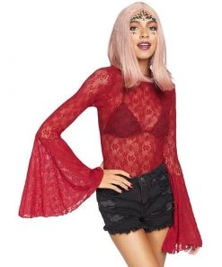 LEG AVENUE Lace Bell Sleeve Bodysuit - Red Bodystockings