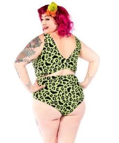 SOURPUSS CLOTHING Batty Leopard Green Monokini Swimwear