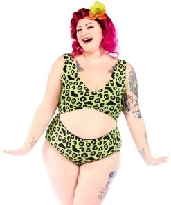 SOURPUSS CLOTHING Batty Leopard Green Monokini Swimwear