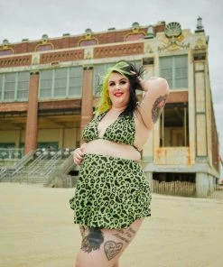 SOURPUSS CLOTHING Green Batty Leopard Swim Skirt