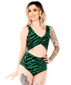 SOURPUSS CLOTHING Green Zebra Monokini