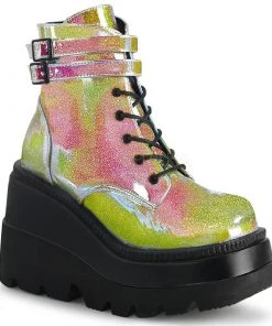 PLEASER USA Gay Pride Double Buckle Stompers - Yellow Iridescent