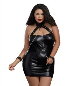 DREAMGIRL INTERNATIONAL Leather Look Collared And Cuffed Chemise Lingerie